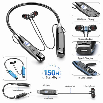 LED Digital Display Wireless Earbuds Neckband Magnetic TF Card Support Earphones Stereo Sound Long Standby