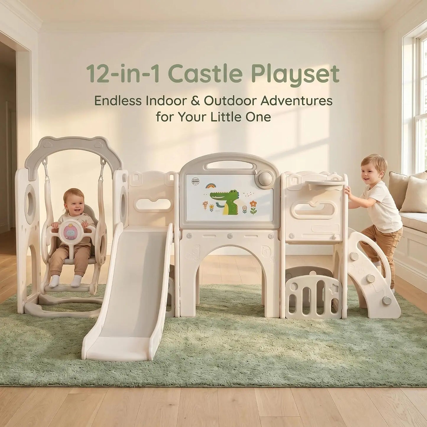 12-in-1 Toddler Playground Gym Playset | Indoor Outdoor Swing Set with Slide, Climber, Basketball Hoop & Drawing Board, in White