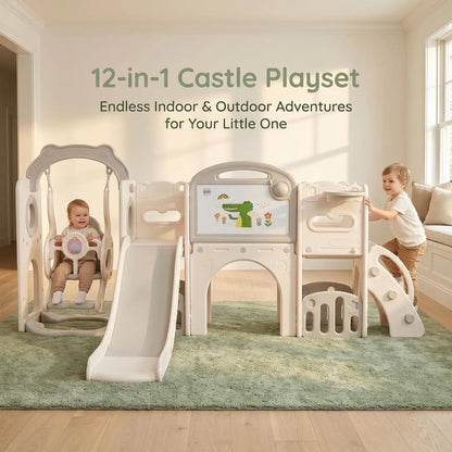 12-in-1 Toddler Playground Gym Playset | Indoor Outdoor Swing Set with Slide, Climber, Basketball Hoop & Drawing Board, in White