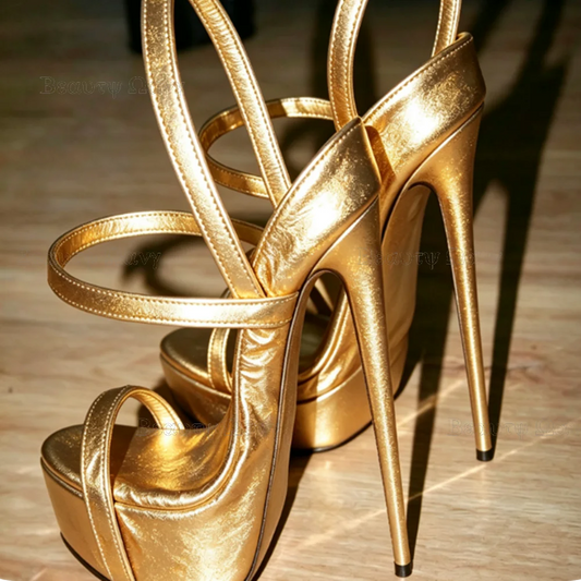 Gold Solid Platform Round Toe Shoes Cut Heel Sandals Women Shoes Ankle Band Spike High Heel Shoes for Girls Zapatos Para Hombres