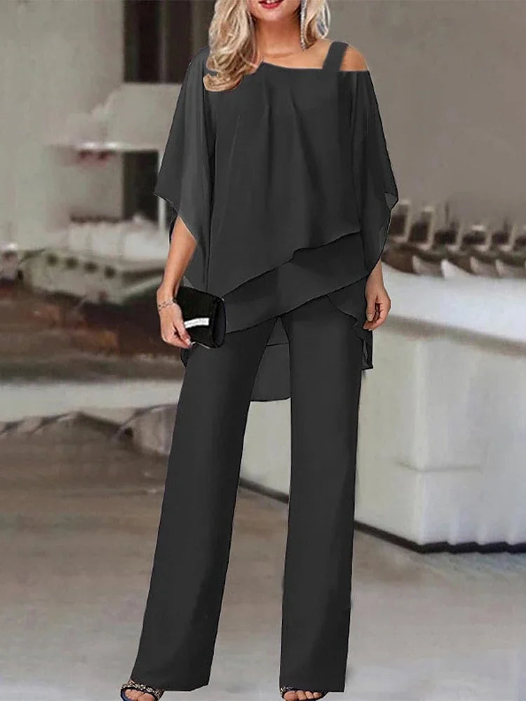 New Matching Collection Fashion Women's Bat Sleeve Top Casual Off Shoulder Party Elegant Wide Leg Pants Women's Two Piece Set