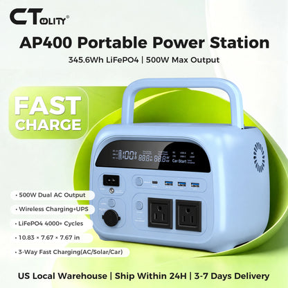 CTOLITY AP400 345.6Wh Portable Power Station 500W Power bank, LiFePO4 Solar Generator with 150W Solar Input, UPS Backup Battery, Wireless Charging, AC/DC/USB Output for Camping Home Emergency