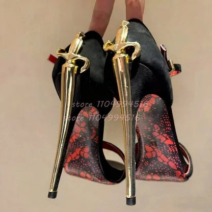 Gold Sword Shaped Pointed Stiletto Sandals Women Metal Decor Patent Leather High Heels Luxury Fashion One Strap Party Prom Shoes