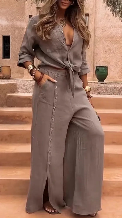 2026 New Fashion Casual Irregular Two-piece Sets Loose Short-sleeved Mid-sleeve Shirt Blouse Button-down Wide-leg Pants Suits