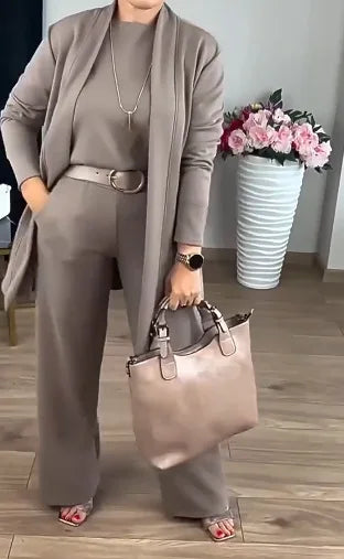 2026 Elegant Ladies Clothing 3 Pieces Set Autumn White Long Cardigan Coat Wide Leg Pants Sets T-shirt  Three-piece Outfit Women
