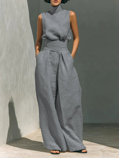 2026 Sleeveless Top+Wide Leg Pants Summer Casual Two-Piece Set Elegant And Loose Office Set High Street Pocket Women's Suits
