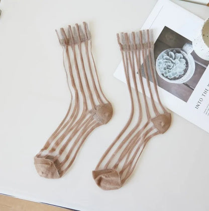 Transparent Crystal Silk Socks Women Fashion Ultra-thin Summer Harajuku Crew Socks Flower Streetwear Elastic Long Mesh Socks