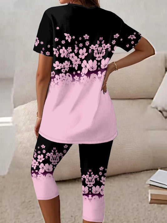 Plus Size 2 Piece Ombre Gradient Floral Loungewear Set Round Neck Short Sleeve Long Tunic Top High Waist Floral Panel Capri Legg