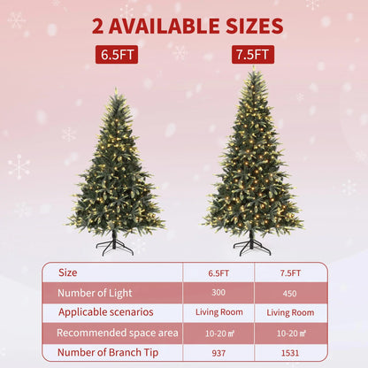 6.5ft Christmas Tree, Artificial Christmas Tree with 300 Warm White Lights, PE & PVC Xmas Tree with Thickened Branch Tips, Easy Assembly for Home Office Party, Green