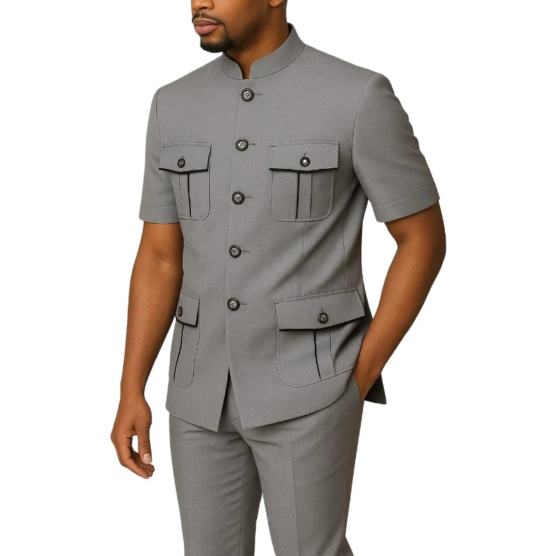 Safari Men Suits with Short Sleeves for Prom Party 2 Pieces Chinese Fashion Style Outdoors Costumes Suit Set Custom Made
