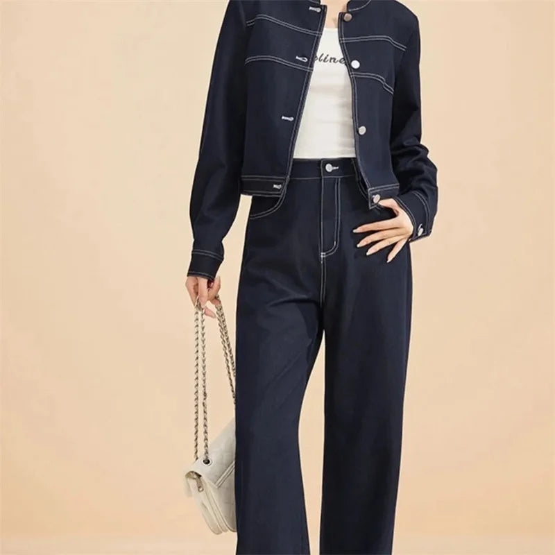 Fashion Casual Suit for Women Spring 2025 New Stylish And Slimming Denim Jacket Wide Leg Pants Two-Piece Set Female Denim Jacket