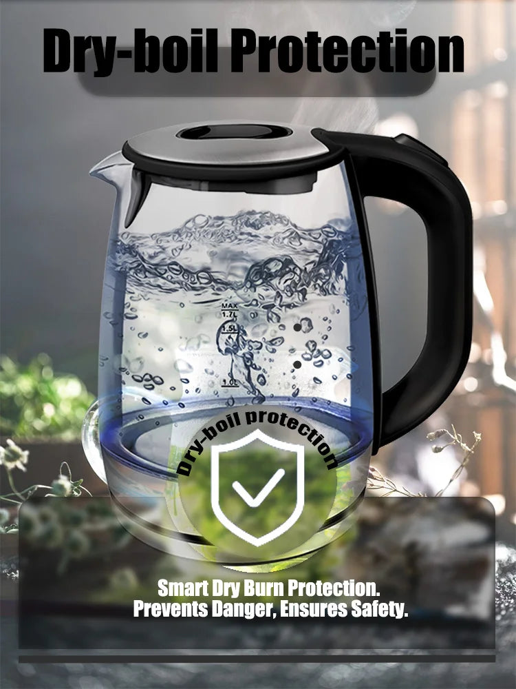Sonifer 1.7L Glass Electric Kettle SF-2079, 2200W Fast Boil, Cordless, Blue LED Light, Auto Shut-Off, Dry Boil Protection