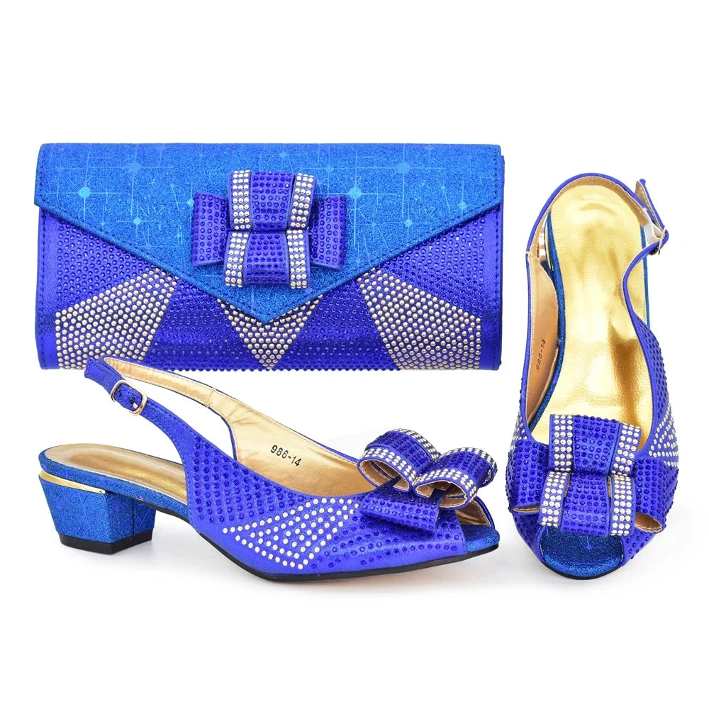 Latest Shoes and Bag Set for Women 2025 Plus Size Heels 43 Low Heels Italian Women Shoes with Bag Set Decorated with Rhinestone