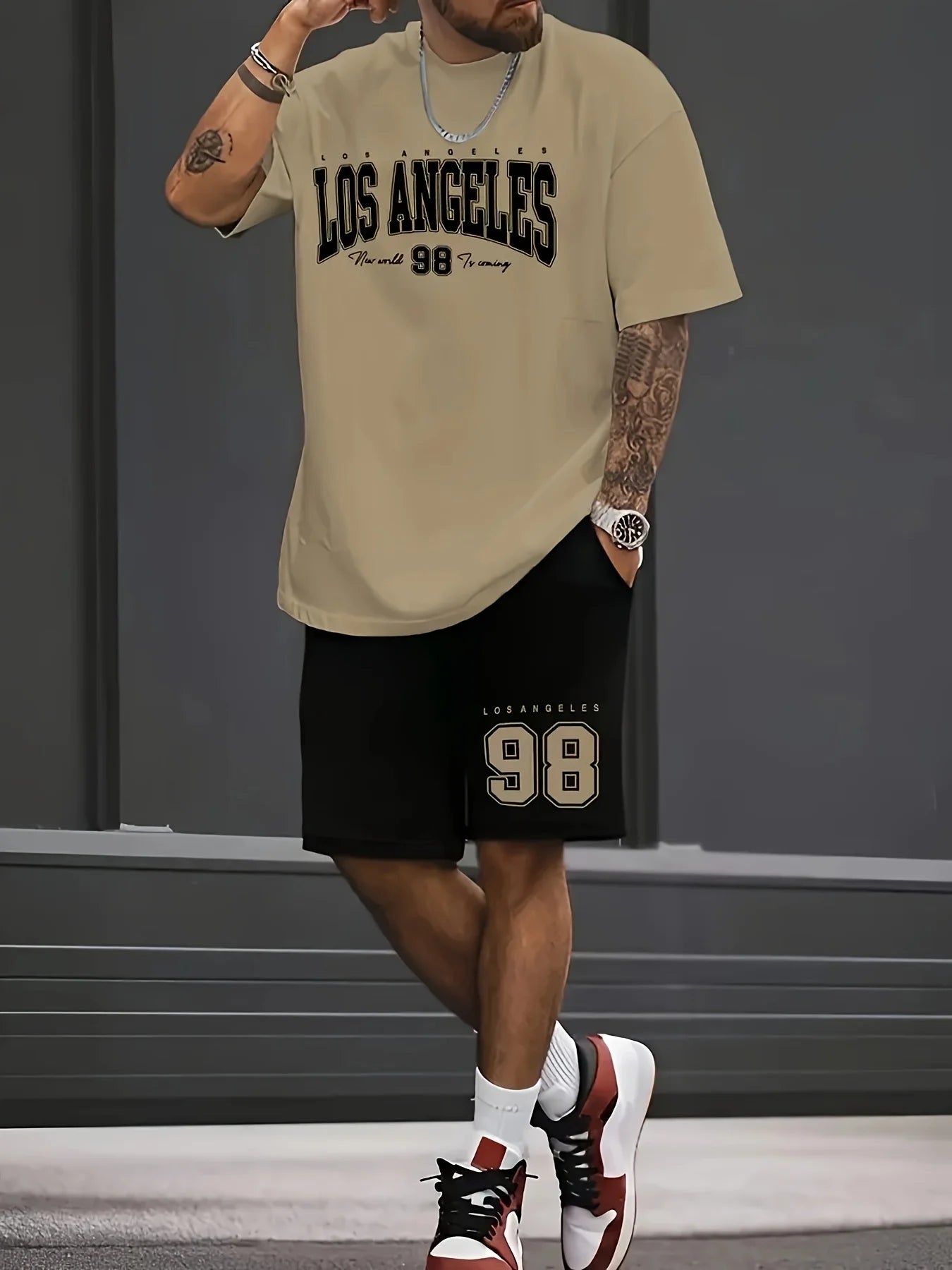 Summer Men's Chicago-Themed Relaxed Set Size 32 Printed T-Shirt and Shorts Set Adult Sports Casual Plus Size Two-Piece Set
