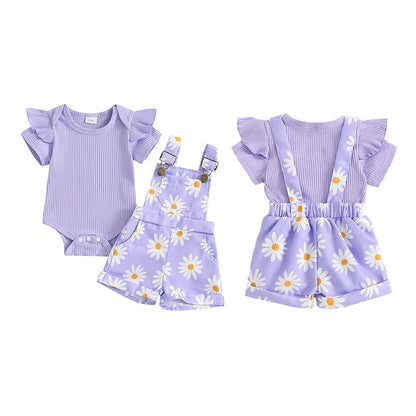 0-18months infant Girls Shorts Set Short Sleeve Romper Flower Print Suspender Shorts Summer Outfit for Baby girls