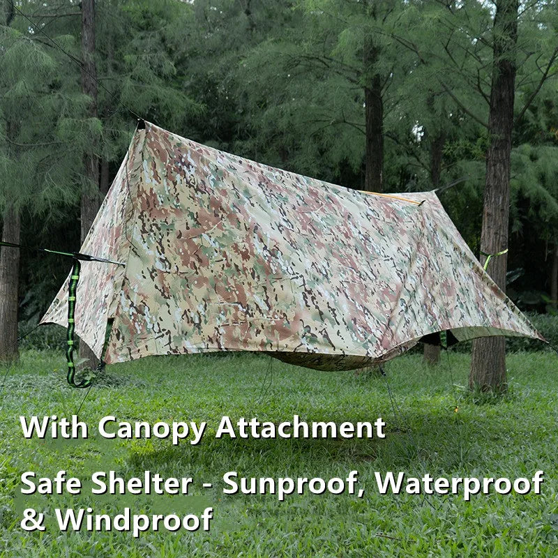 Multi-Function Camping Hammock Kit, Single/Double with MC Camo Rain Fly & Bug Shield, Anti-Roll for Hiking & Backpacking