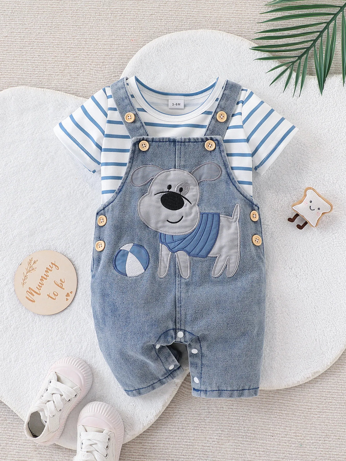 Baby Boy Striped T-Shirt + Cartoon Bear Denim Overalls Set, Cute Summer Casual Outfit for Going Out