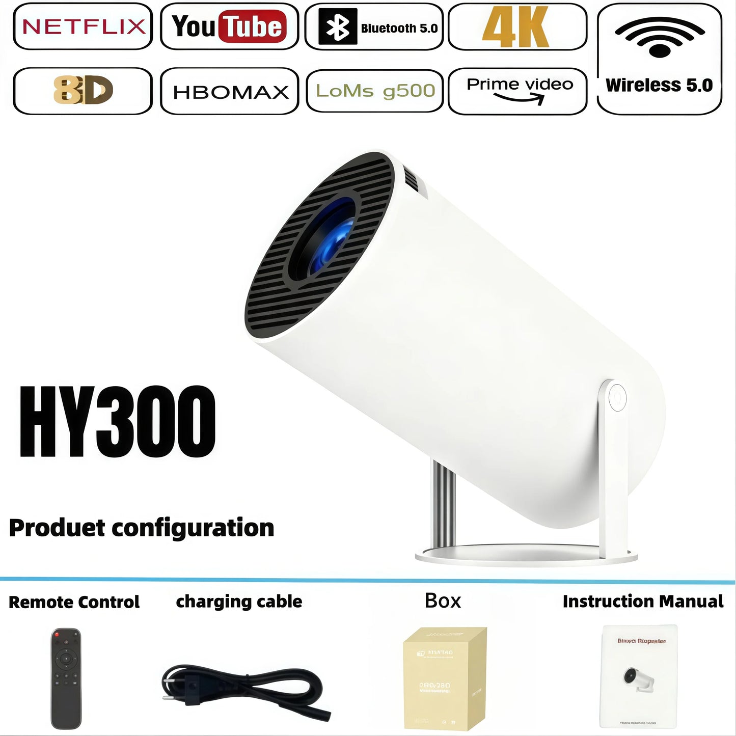 HY300 Smart Mini Projector Wireless Bluetooth Android11.0Support1080P 4kDual Wireless Bluetooth5.4Indoor portable projector