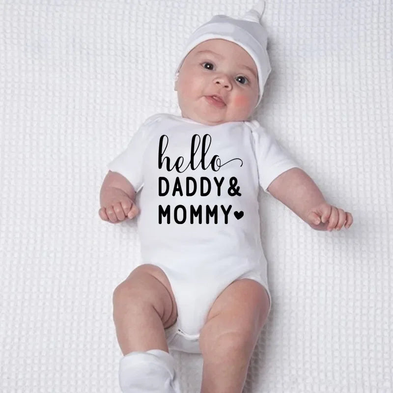 Hello Daddy Mommy Newborn Baby Bodysuit Pure Cotton Short Sleeve Summer Jumpsuit Cute Baby Onesie