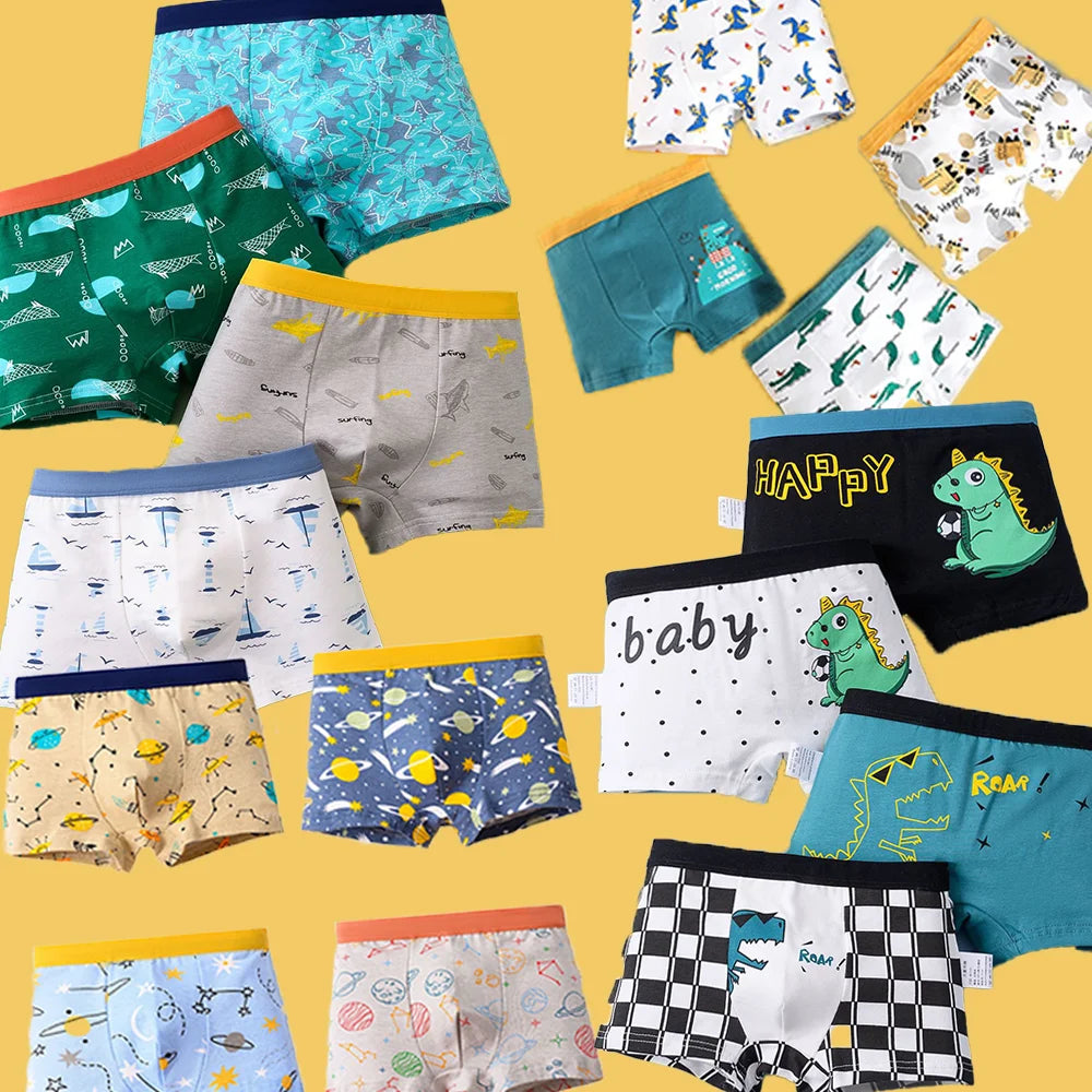 4PCS Children Panties Boy Cotton Boxer Breathable Kid Soft Comfortable Elastic Underpants Multipack Cute Cartoon Print Underwear