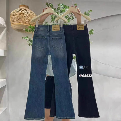 Women's High Waist Slim Fit Denim Jeans Bell Bottoms Thickened Fleece Autumn Winter Fashion Retro Style Elastic Cotton Jeans