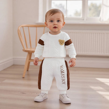 Baby Boy s Knit Outfits Fashionable Long Sleeve Bear Embroidery Textured Romper with Pants 2Pcs Set
