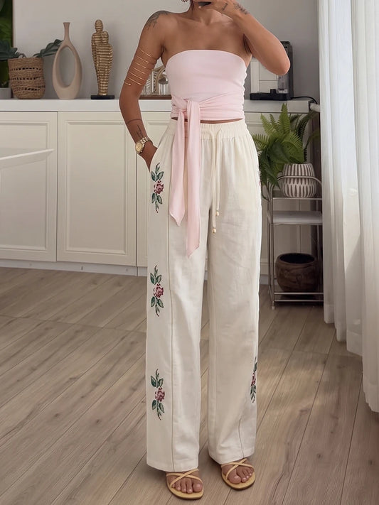 HH Elegant Women's 2026 Floral Embroidered Straight-Leg Pants Spring Autumn Casual Elastic Waist Side Stripe Boho Trousers