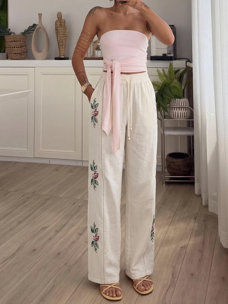 HH Elegant Women's 2026 Floral Embroidered Straight-Leg Pants Spring Autumn Casual Elastic Waist Side Stripe Boho Trousers