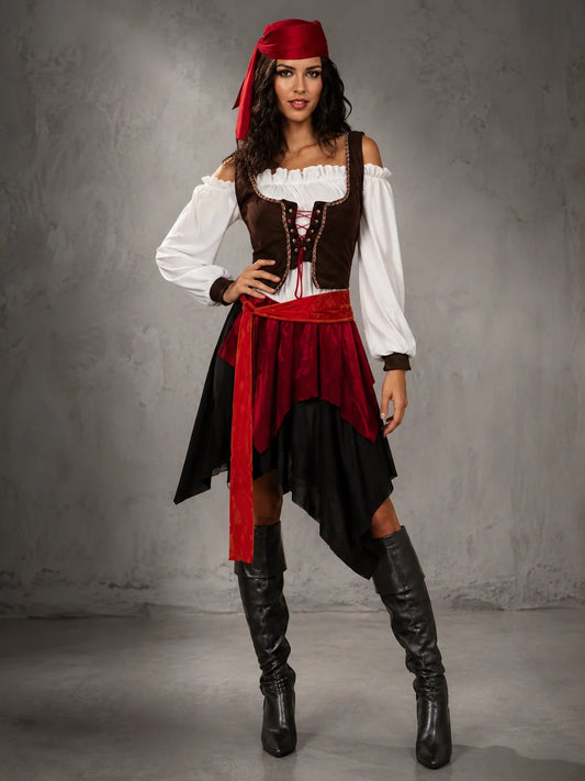 One Size Adult Women Pirate Costume Set Retro Buccaneer Fancy Dress Complete Outfit with Headscarf Vest Blouse Sash Skirt Cosplay Clothing for Halloween Masquerade Carnival Theme Party Holiday Dress‑up Supplies Stage Show