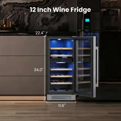 Wine Fridge Cooler 12 Inch Wine Fridge Hold 17 Bottles, Wine Refrigerator Glass Door Built-in Wine Storage Cabinet For Home Kitchen Bar