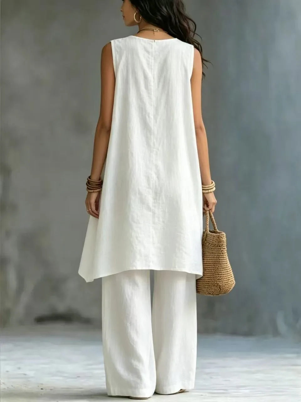 Fashion Summer Sexy Loose Solid color Linen 2 Piece Set Draped Sleeveless Top High Waist Wide Leg Pants Outfit Vacation Women