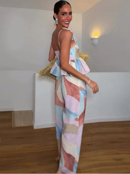 Beach Holiday Print Pants Sets Women Square Neck Sleeveless Lace Up Wide Legs Ruffles Suits Female 2026 Summer New Chic Outfits
