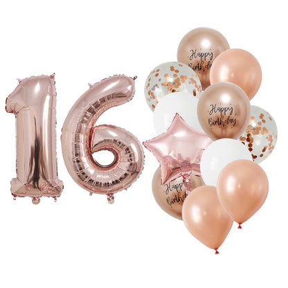 13 Pcs Rose Gold Mixed Balloons 32 Inch Foil Number Ball 10 11 12 13 14 15 Years Old Girls Birthday Party Decorations Supplies