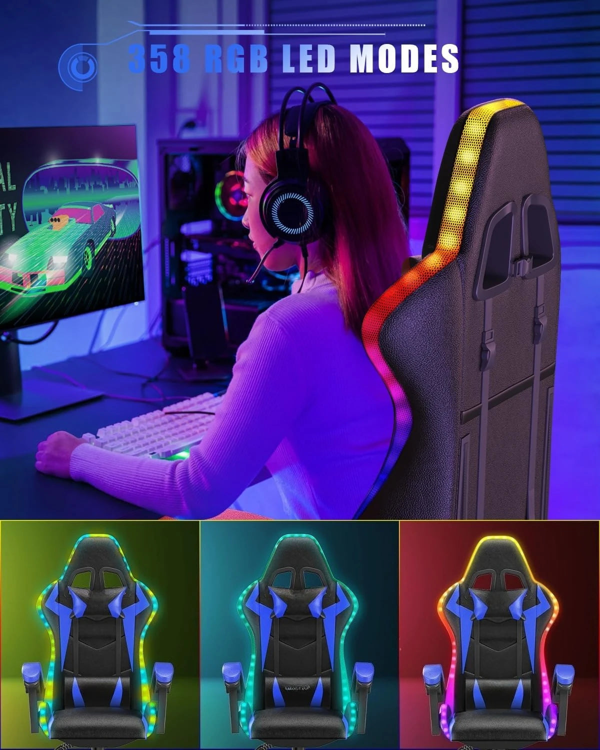 Gaming Chair with RGB LED Lights for Kids & Adults, High Back Ergonomic with Headrest and Lumbar (Black/Blue)
