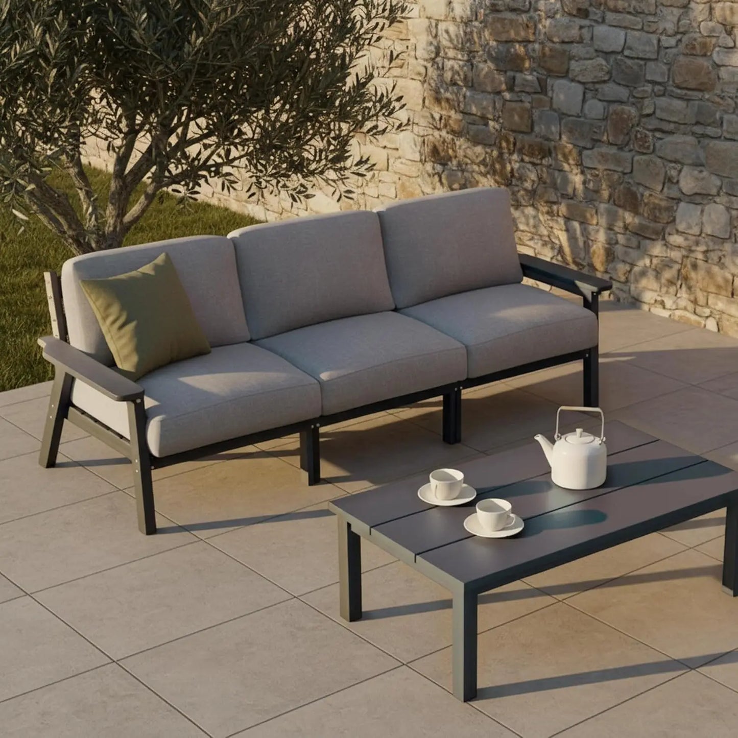 Patio Furniture Set 3 Seats, HDPE Outdoor Sectional with Washable Beige Thick Cushions, Coffee Table & Side Table,, Customized