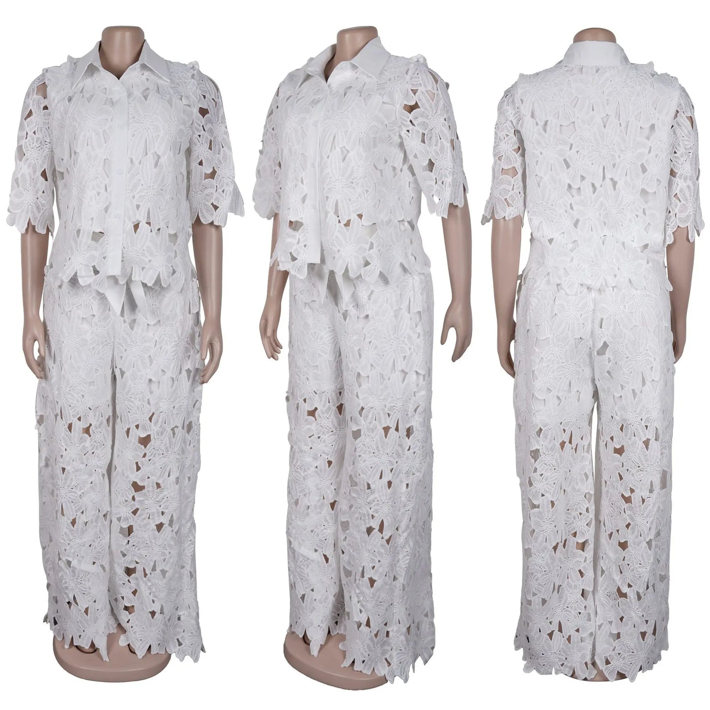Streetwear Hollow Out Lace Casual Pants Outfits Sexy Women Two Pieces Club Matching Set Top+Trousers