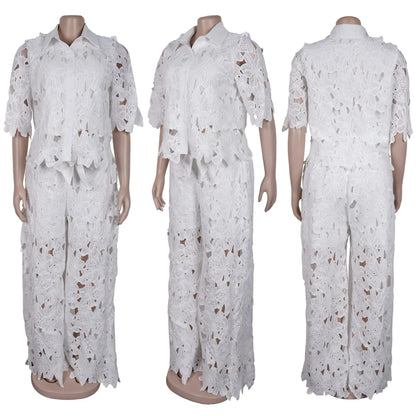 Streetwear Hollow Out Lace Casual Pants Outfits Sexy Women Two Pieces Club Matching Set Top+Trousers
