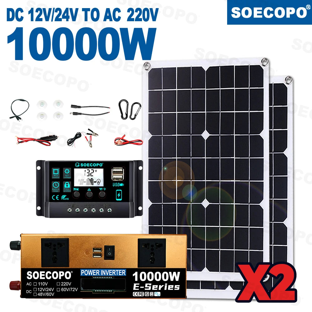 SOECOPO 10000W Complete Solar Kit 2×500W Panels, 12V/24V To 110V/220V Inverter Two Socket 100A Controller – For Home Camping