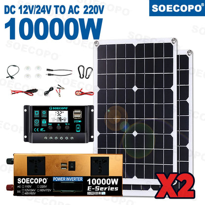 SOECOPO 10000W Complete Solar Kit 2×500W Panels, 12V/24V To 110V/220V Inverter Two Socket 100A Controller – For Home Camping