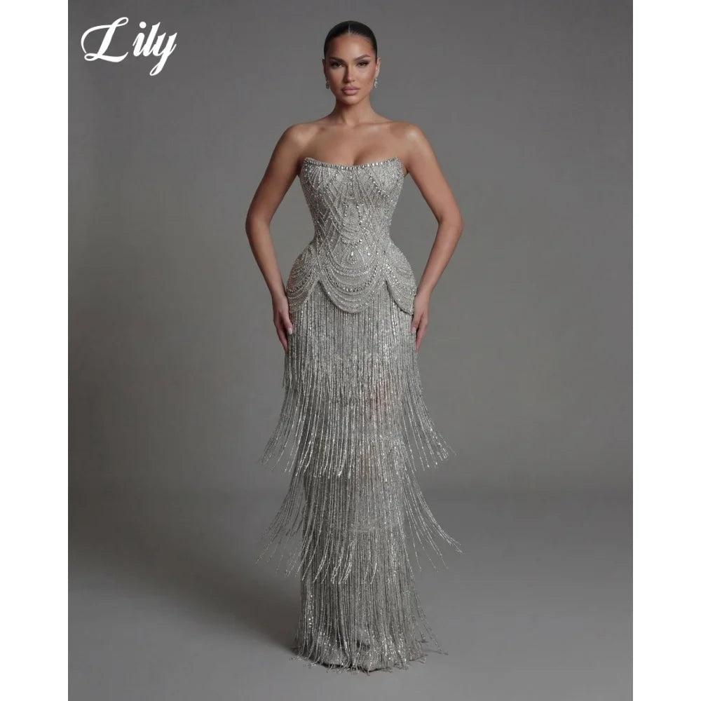 Lily Silver Strapless Prom Dress Beaded Corset with Fringe Skirt Evening Dress Luxury Mermaid Party Dress For Women Customized