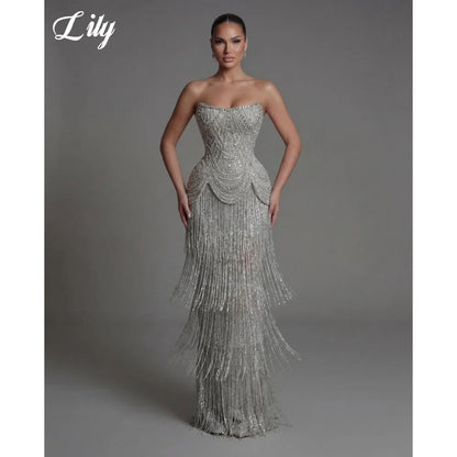 Lily Silver Strapless Prom Dress Beaded Corset with Fringe Skirt Evening Dress Luxury Mermaid Party Dress For Women Customized