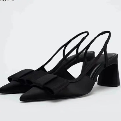 Summer New Women's Shoes with Black Bow Decoration, Exposed Heels, Thick Heels, Pointed High Heels, Shallow Sandals