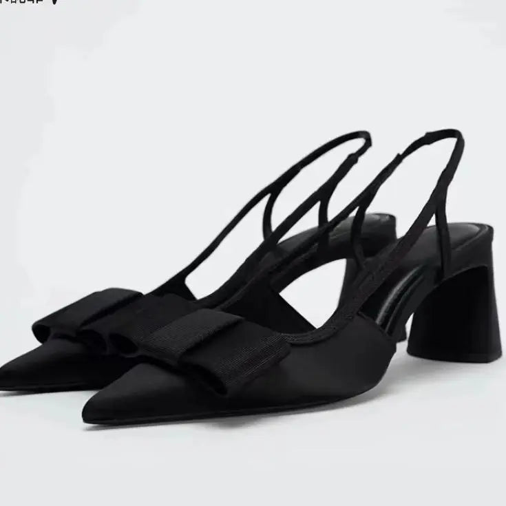 Summer New Women's Shoes with Black Bow Decoration, Exposed Heels, Thick Heels, Pointed High Heels, Shallow Sandals
