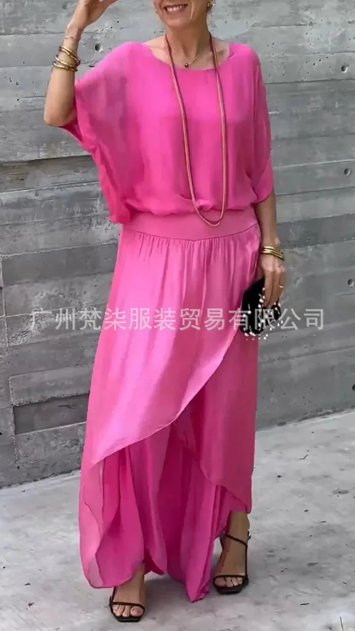 2025 Summer Fashion Women's Solid Color Casual Trendy Loose 2 Piece Chiffon Sets O-neck Short Sleeve T-shirts Wide Leg Trousers