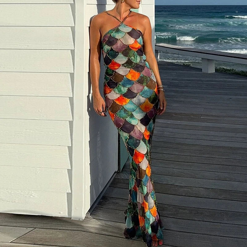 Sexy Bodycon Backless Halter Dress Elegant Colorful Block Full Length Evening Dress Fashion 2025 Slim Off Shoulder Party Dress