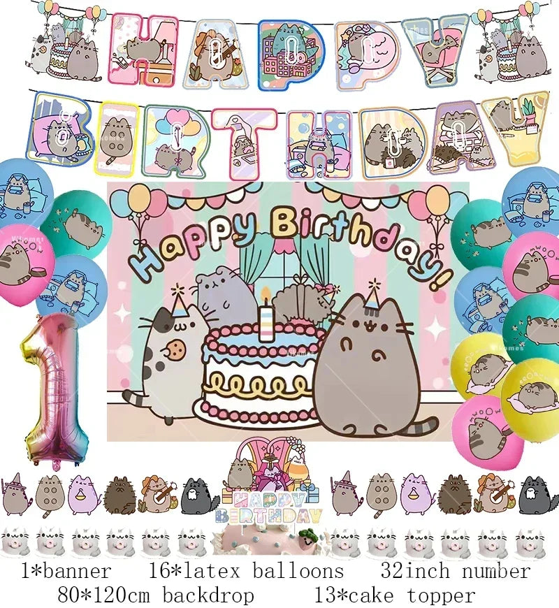 The Pusheen Cat Balloons Birthday Decoration Party Supplies Cartoon Grey Pet Fat Cat Theme Banner Backdrop Cake Topper Sticker