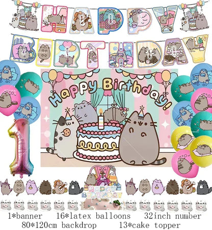 The Pusheen Cat Balloons Birthday Decoration Party Supplies Cartoon Grey Pet Fat Cat Theme Banner Backdrop Cake Topper Sticker