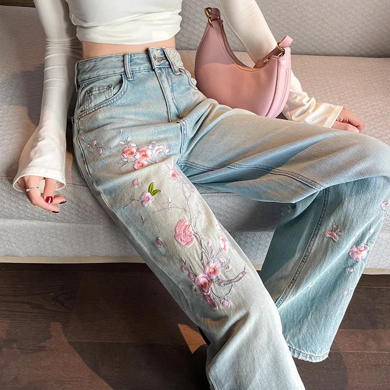French Pink Flower Embroidered Jeans Women Spring and Autumn New High Waist Fashion Slim Wide-Leg Pants Embroidered Straight Pan
