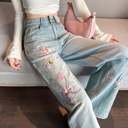 French Pink Flower Embroidered Jeans Women Spring and Autumn New High Waist Fashion Slim Wide-Leg Pants Embroidered Straight Pan
