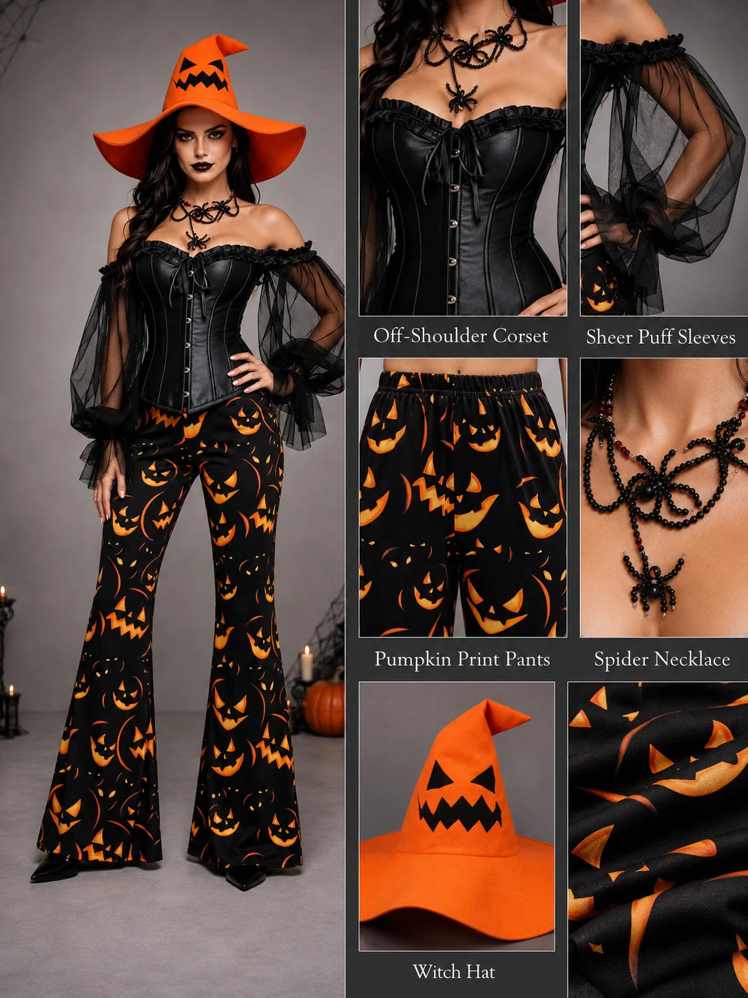 Womens Halloween Witch Cosplay Outfit, Off Shoulder Sheer Mesh Sleeve Corset Top Pumpkin Face Print Flare Pants & Witch Hat for Carnival Costume Party